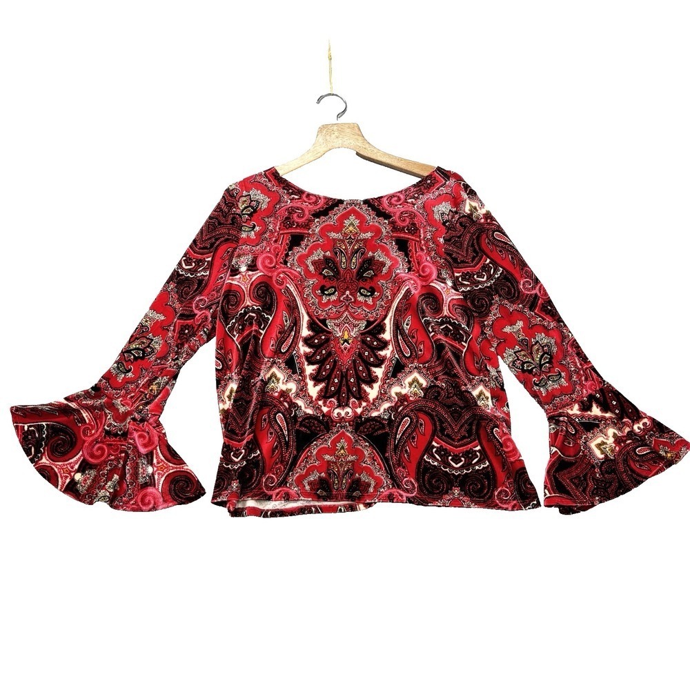 Chico's Velvet Tapestry Tie-Back top‎ blouse Womens 2 bell sleeve Whimsy goth